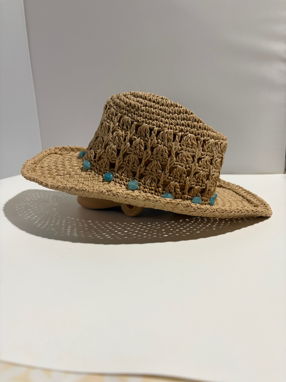 Woven Straw Beach Hat with Turquoise Bead Trim